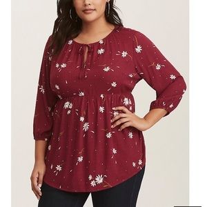 Red Floral Tie Neck Woven Babydoll Tunic